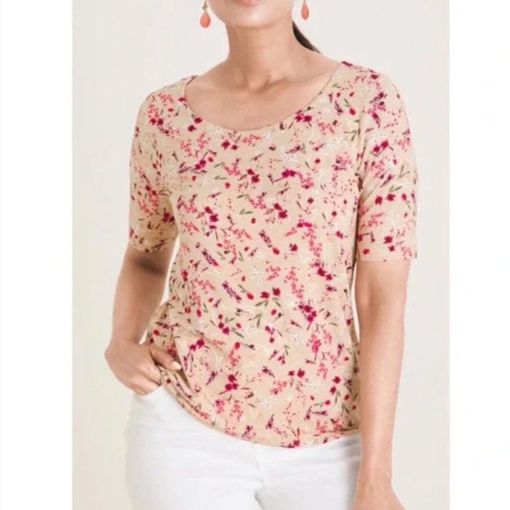 Chico's Tan/Pink Floral‎ Round Neck Super Soft Stretch Top size Large